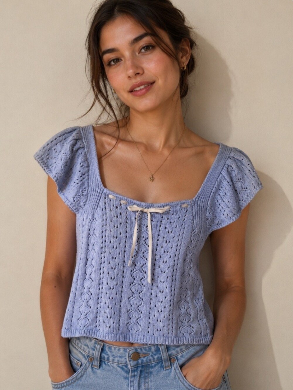 Haute Hippie Powder Blue Knit Eyelet Crop Top with Tie
